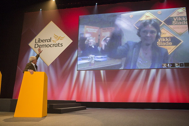 Vikki Slade Skypes into Liverpool Spring conference rally March 2015 photo by Liberal Democrats