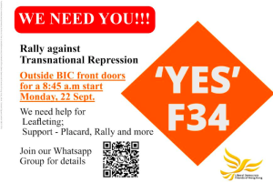 Flyer Yes to F34 for rally on 22 September at 8:45 am. 