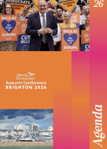 Front cover of Autumn 2026 Conference agenda with photos of Ed Davey and other MPs and Brighton seafront